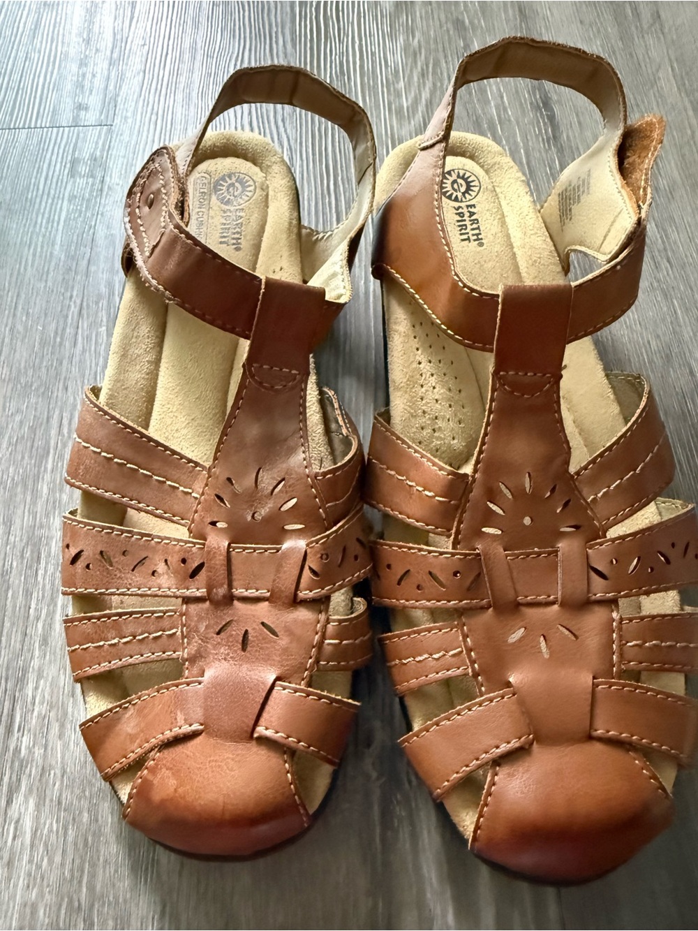 Earth Spirit Cognac Brown Leather Strappy Slingback Sandals Cottagecore